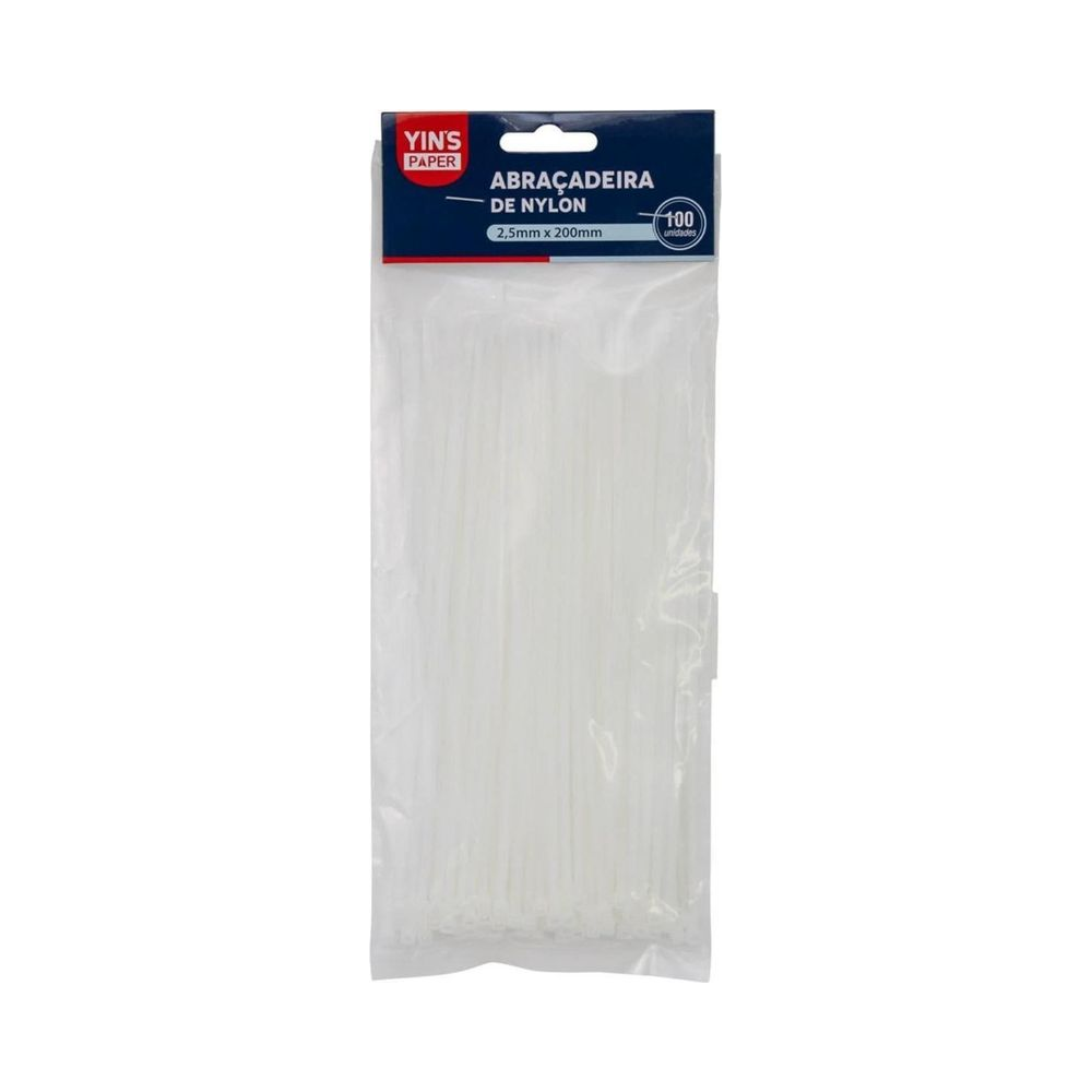 Abra&ccedil;adeira de Nylon 2.5mm x 200mm YINS YP7365 Branca Pacote com 100 Unidades