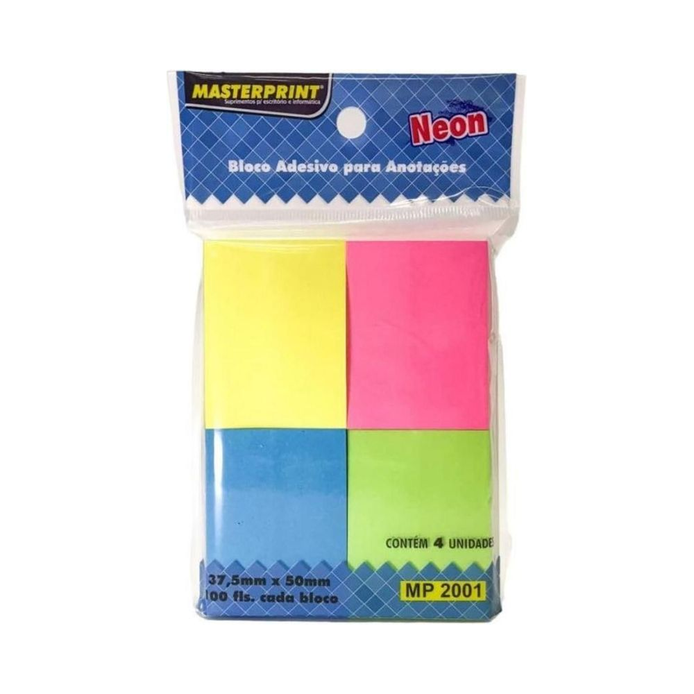 Bloco Adesivo sem Dep&oacute;sito 4 Blocos 37.5mm x 50mm Masterprint Neon