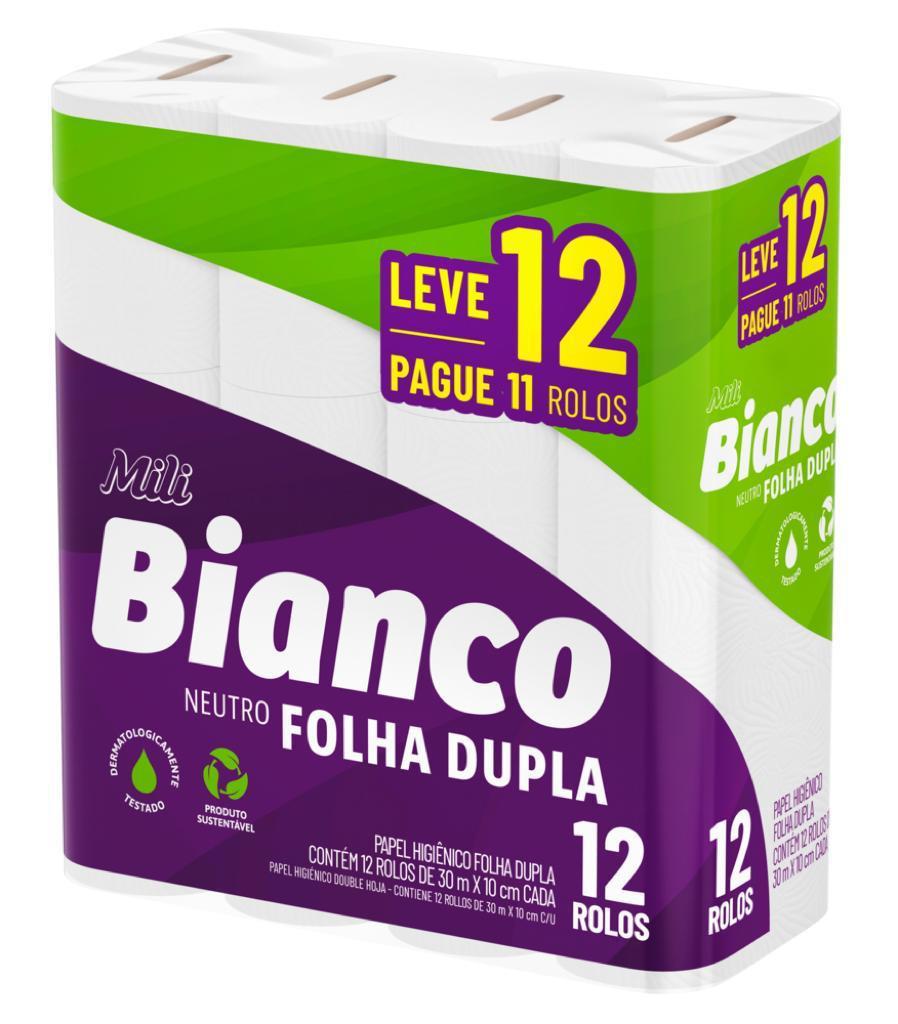 Papel Higiênico Folha Dupla Neutro 10cm x 30m Bianco 12 rolos