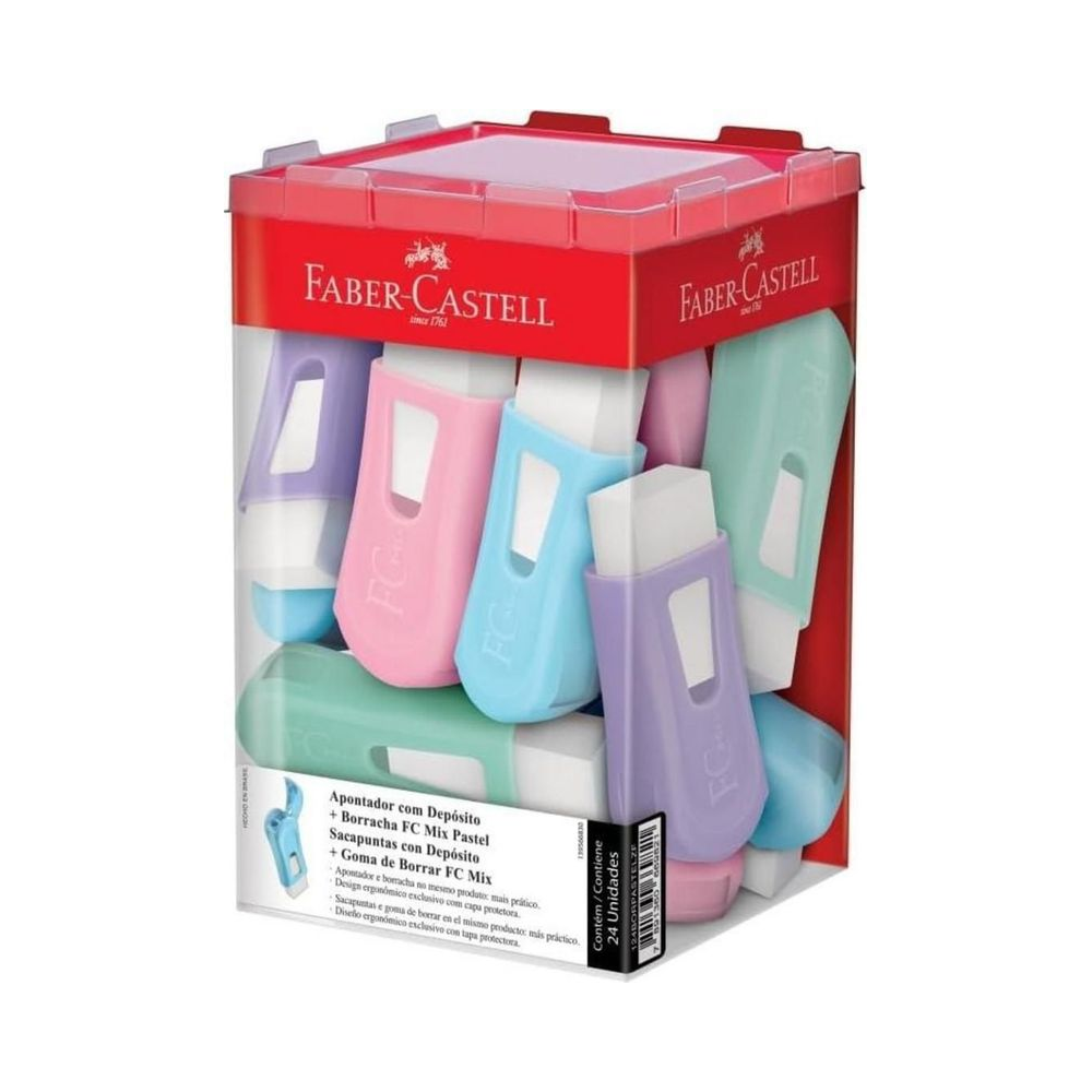 Apontador com Borracha Mix Faber-Castell 4 Cores Pastel