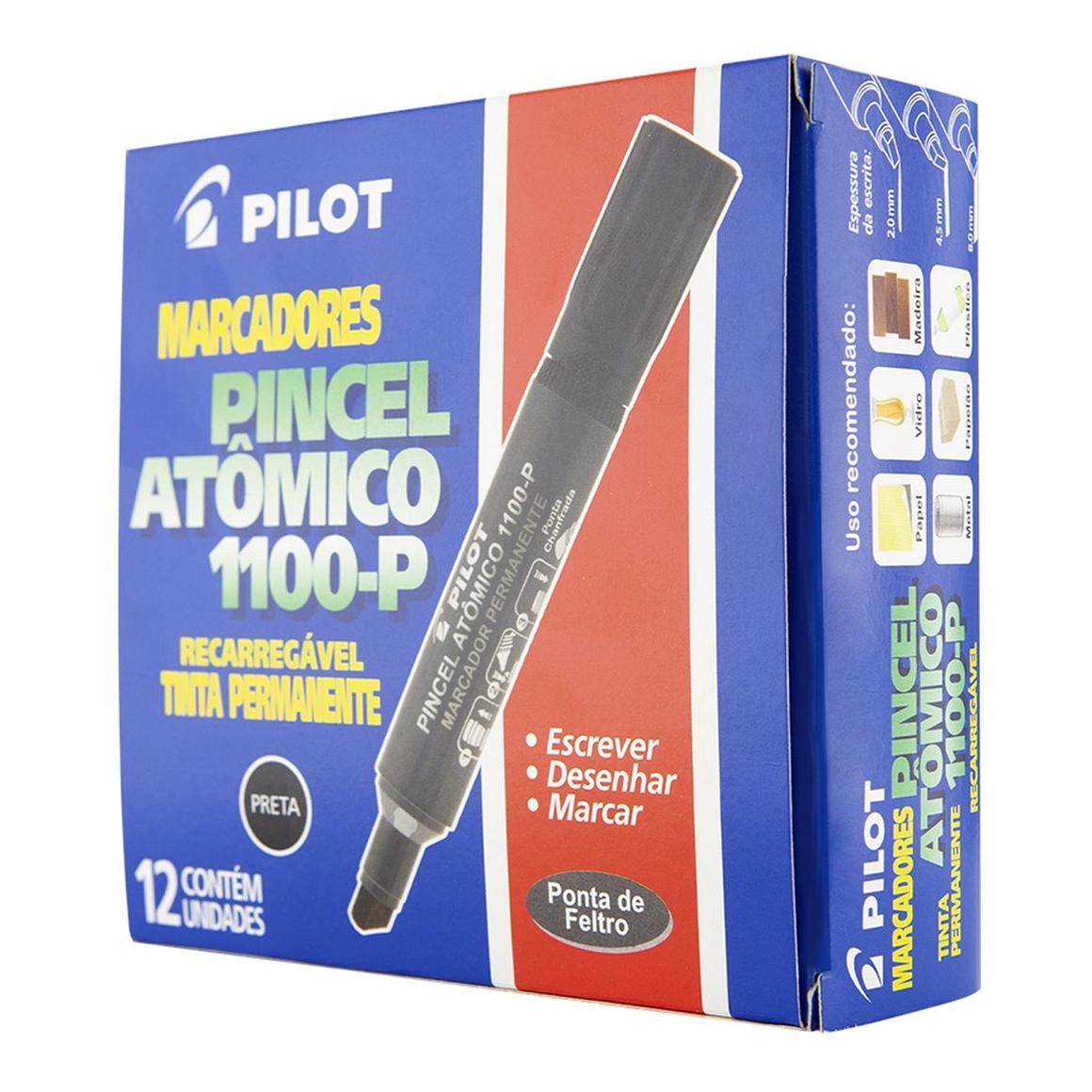 Pincel Atômico Recarregável 1100-P Pilot Marcador Permanente Preto 12 unidades