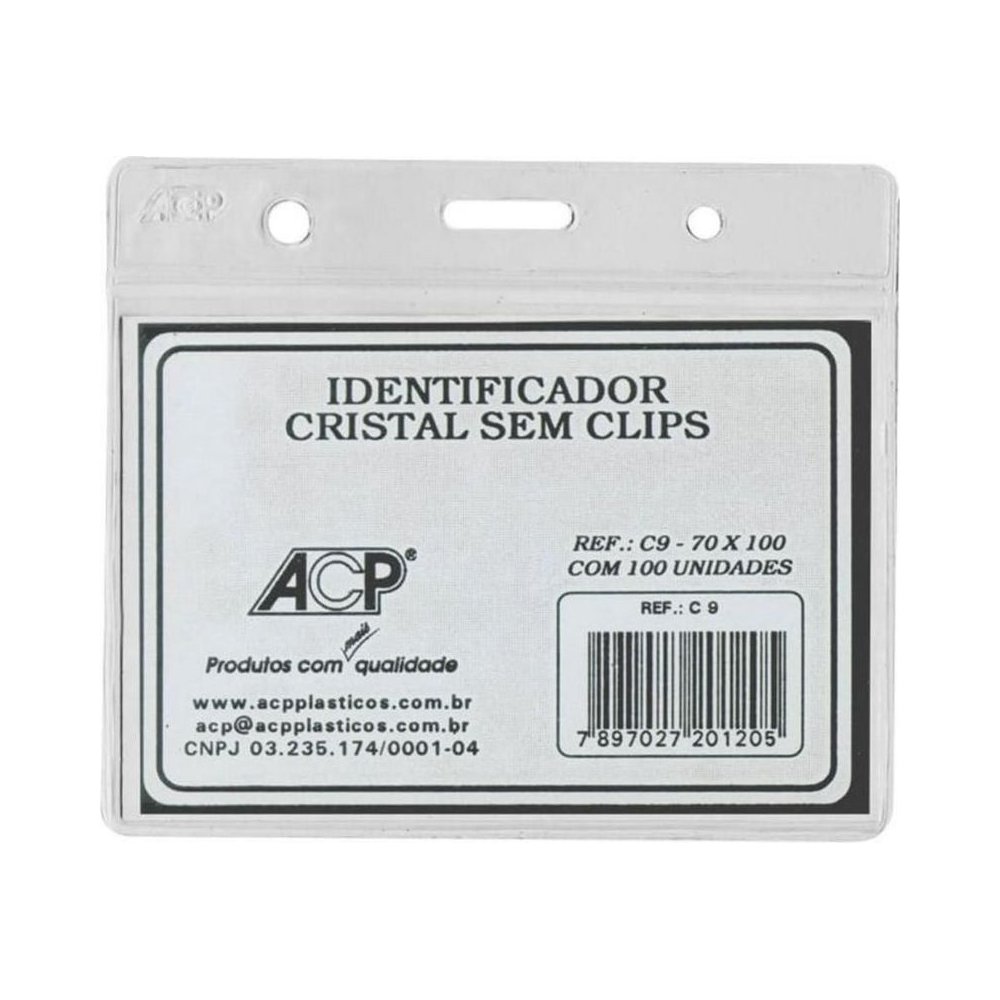 Crach&aacute; Identificador Sem Clips Horizontal Flex&iacute;vel ACP Cristal 100mm x 70mm Unit&aacute;rio