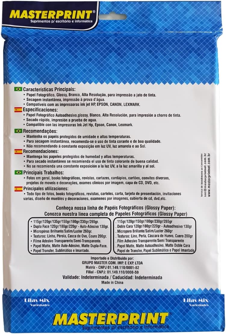 Papel Fotogr&aacute;fico Autoadesivo A4 Glossy Masterprint 50 folhas 210mm x 297mm 130g/m&sup2;