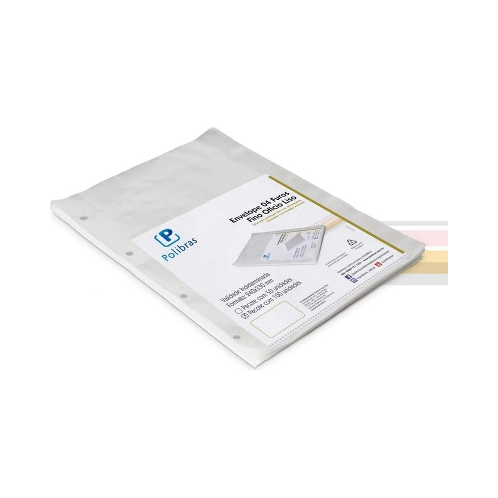 Envelope Pl&aacute;stico Of&iacute;cio 4 furos Fino 0,06 mm - Polibras PCT.C/100