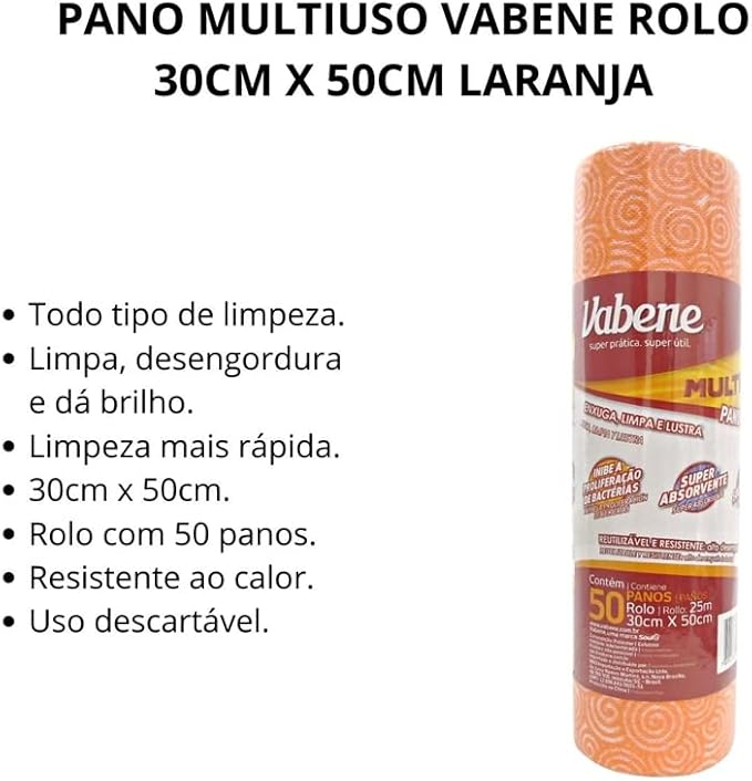 Pano Multiuso 25x28cm Vabene Reutiliz&aacute;vel Antibacteriano Laranja com 50 Unidades