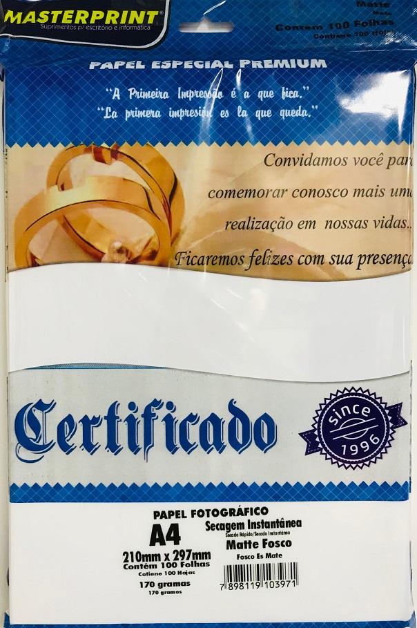 Papel Fotográfico Matte Fosco A4 Masterprint 100 folhas 210mm x 297mm 170g/m²