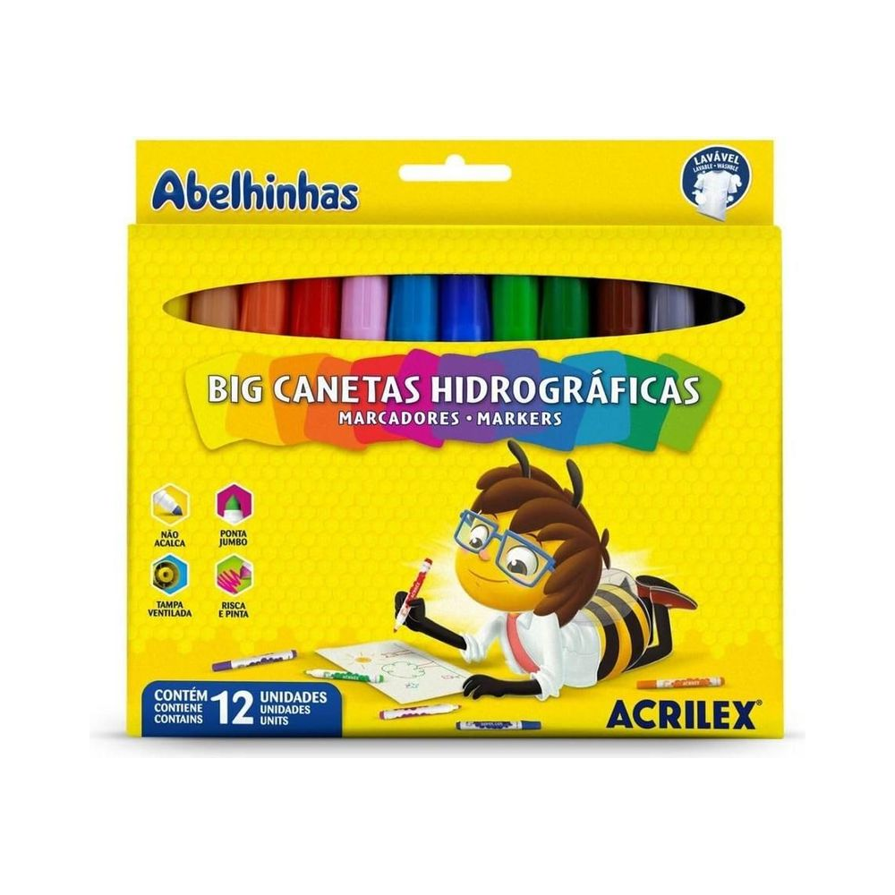 Canetas Hidrogr&aacute;ficas Ponta Jumbo Abelinhas Acrilex 12 cores
