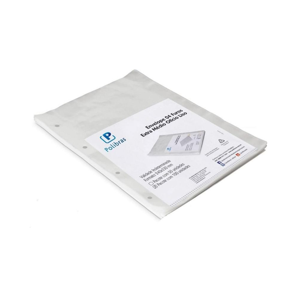 Envelope Pl&aacute;stico Of&iacute;cio PCT.C/100 Polibras 4 Furos Extra M&eacute;dio 0,12 mm