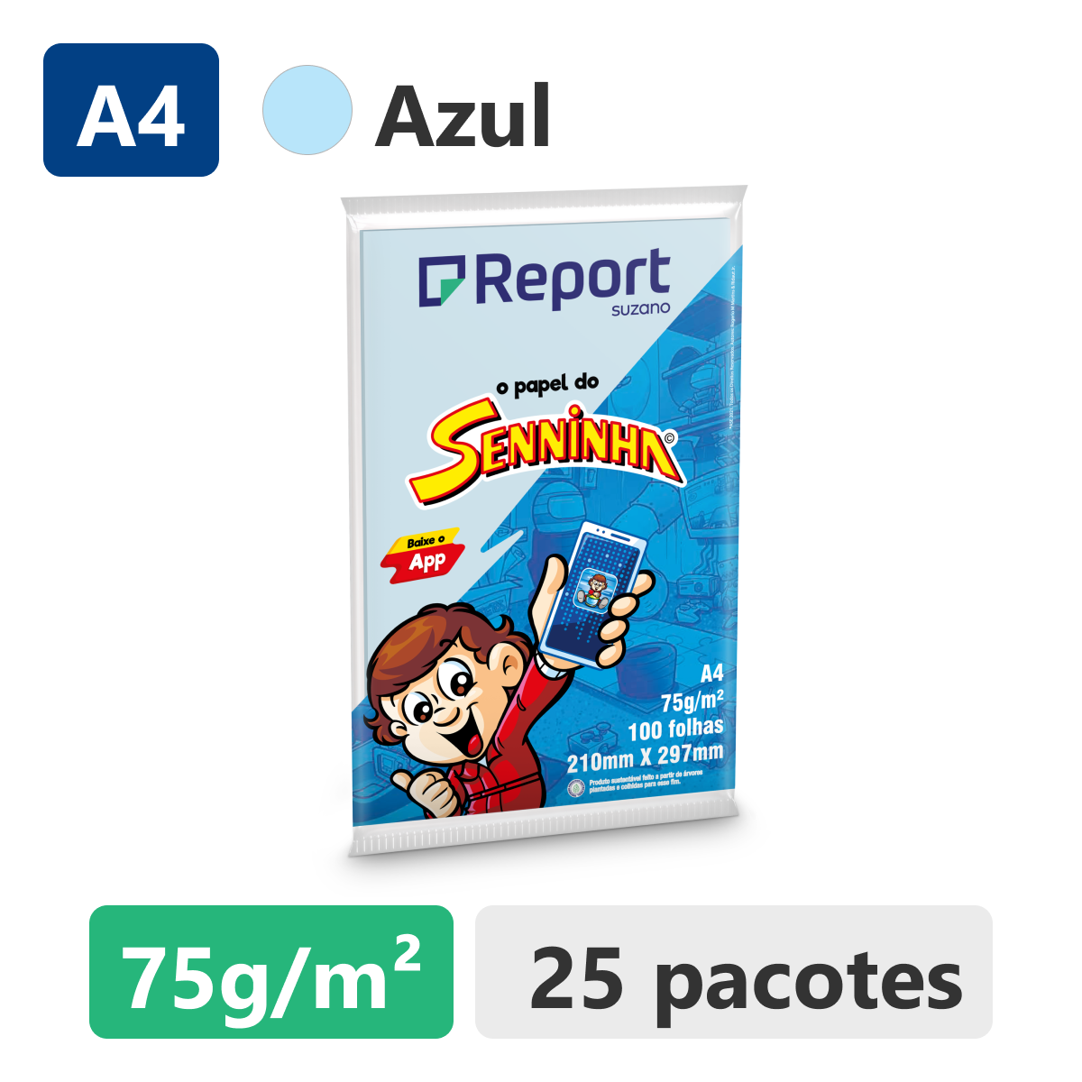 Caixa 25 unidades Papel Sulfite Azul A4 Report Senninha 100 folhas