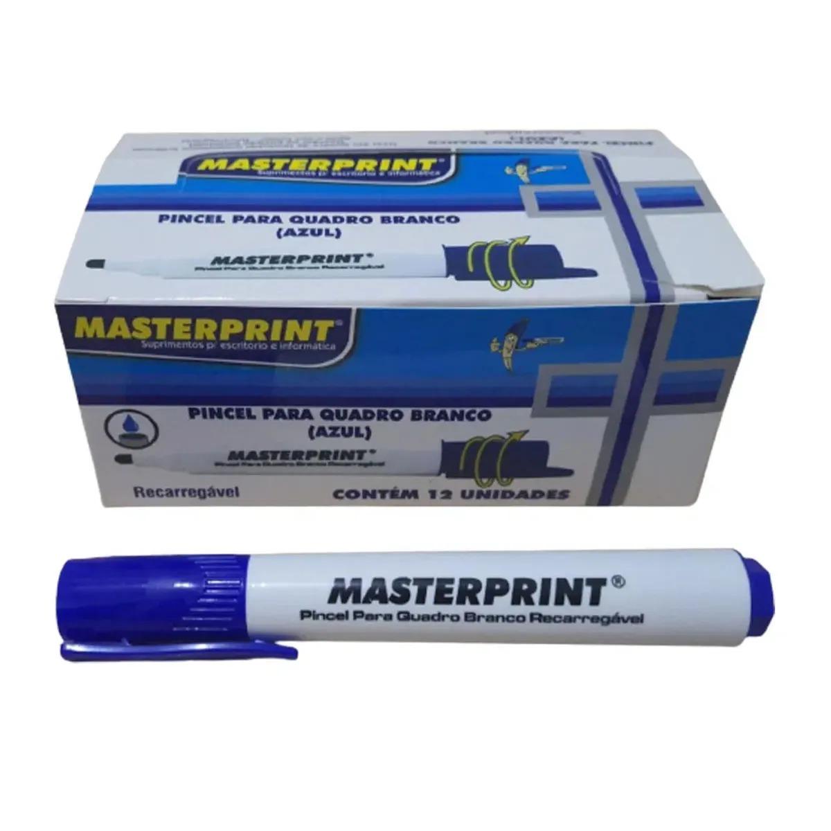 Pincel Quadro Branco Recarreg&aacute;vel MP 619 Masterprint Azul 12 unidades
