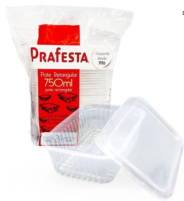Kit Pote Retangular 750ml com Tampa 24 Unidades Pra Festa