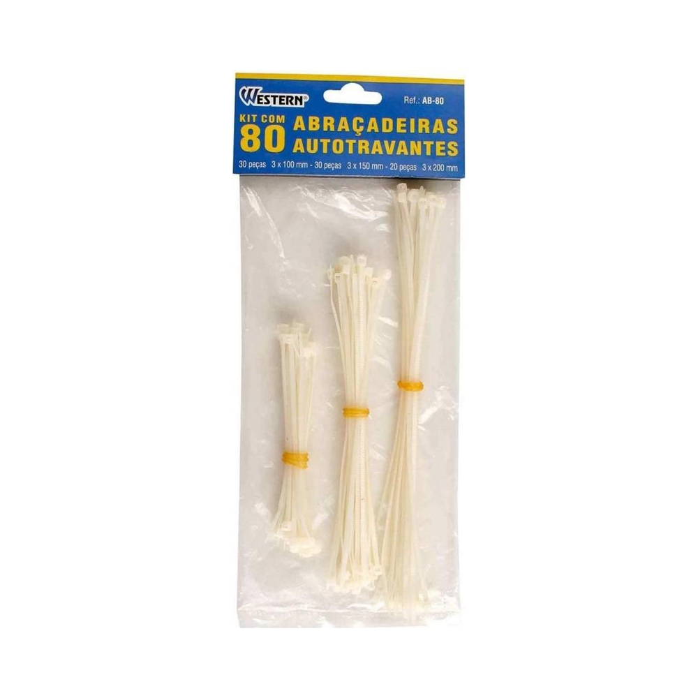 Abra&ccedil;adeira de Nylon Kit 3 Tamanhos 100mm 150mm 200mm Western Branco 80 Unidades