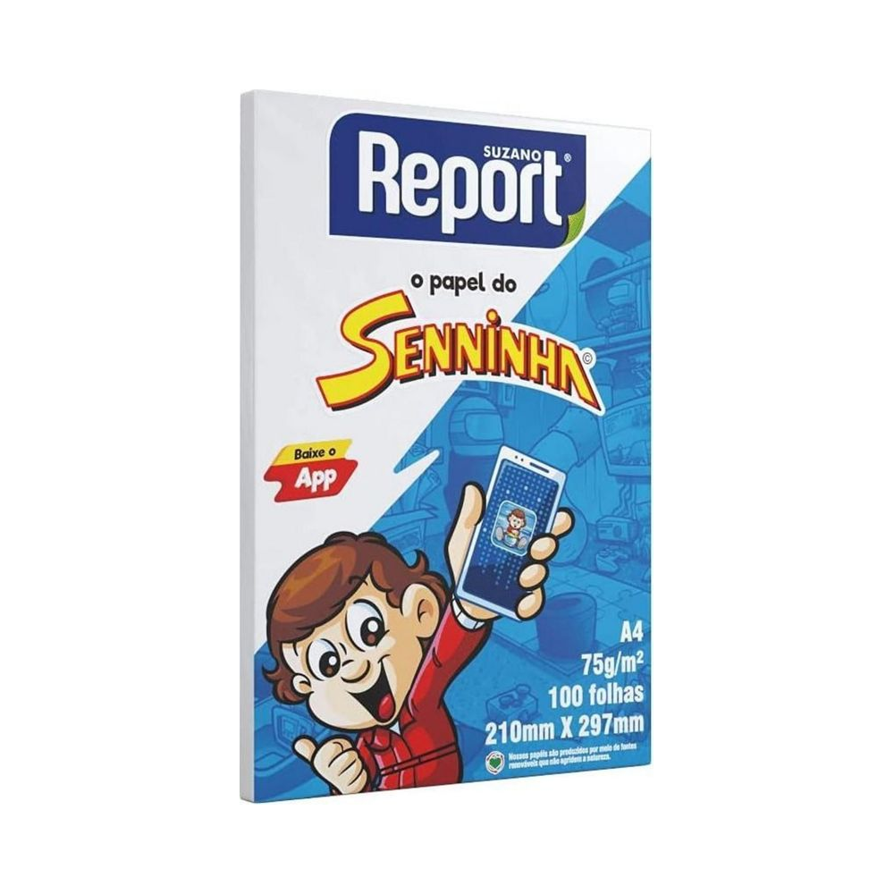 Papel Sulfite A4 Report Senninha Branco 100 folhas 210mm x 297mm 75g/m&sup2; Caixa 25 unidades