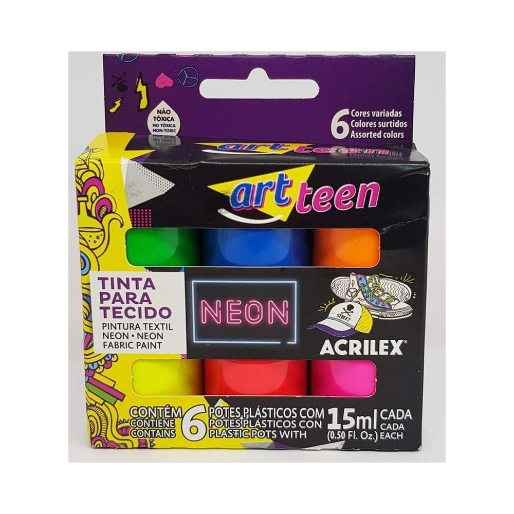 Tinta para Tecido Neon 6 Cores 15ml Acrilex Alto Brilho