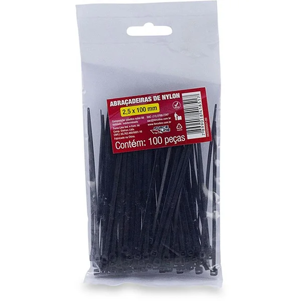 Abra&ccedil;adeira Nylon 2,5x100mm Force Line Preta Pacote com 100 Unidades