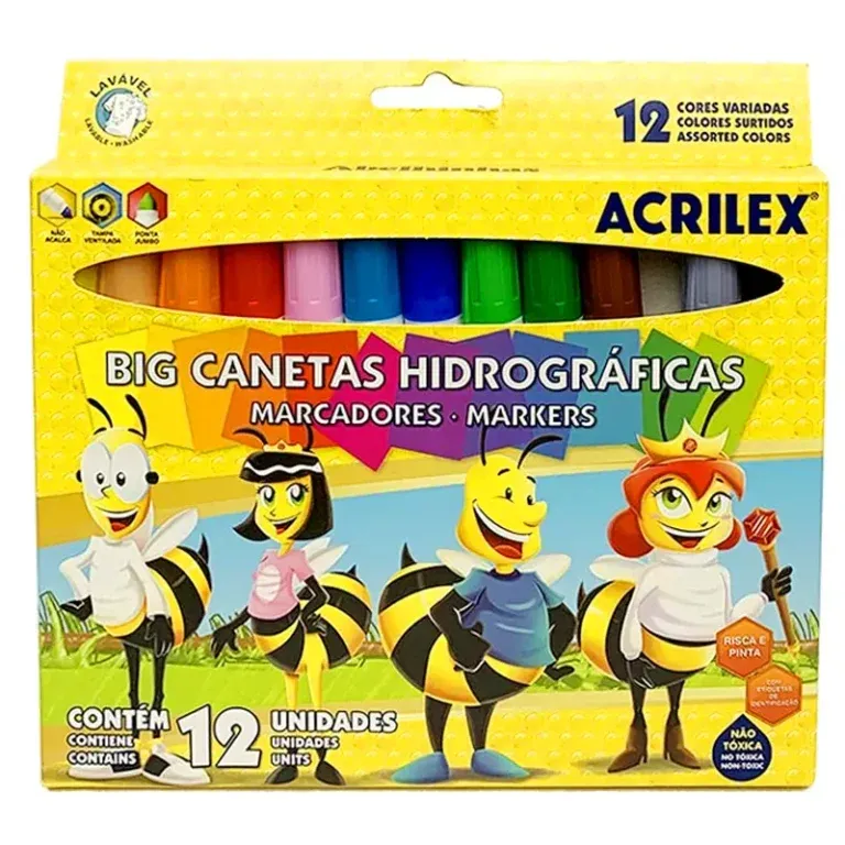 Canetas Hidrográficas Ponta Jumbo Abelinhas Acrilex 12 cores