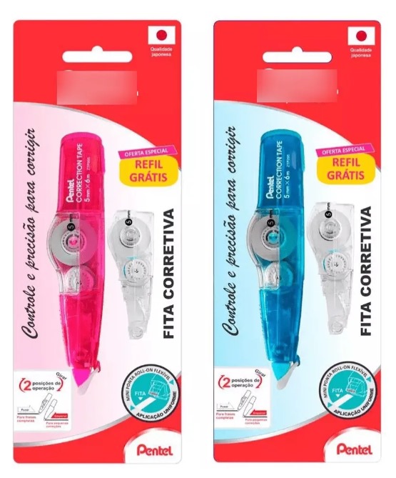 Fita Corretiva com Refil Azul ou Rosa Pentel