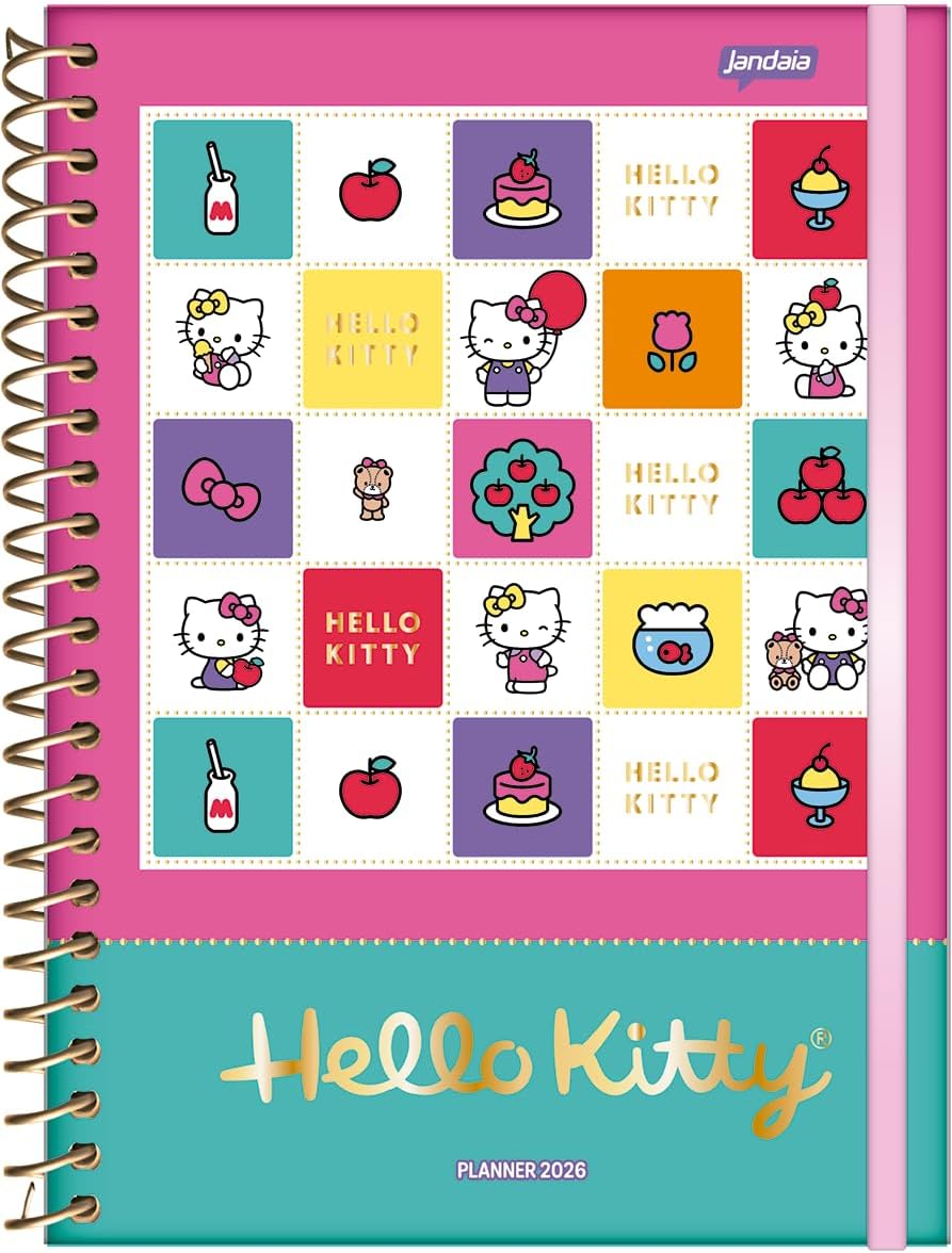 Caderno Jandaia Planner Espiral 175x242mm CD 160Pgs Hello Kitty Quadrinhos Coloridos 2026 FSC