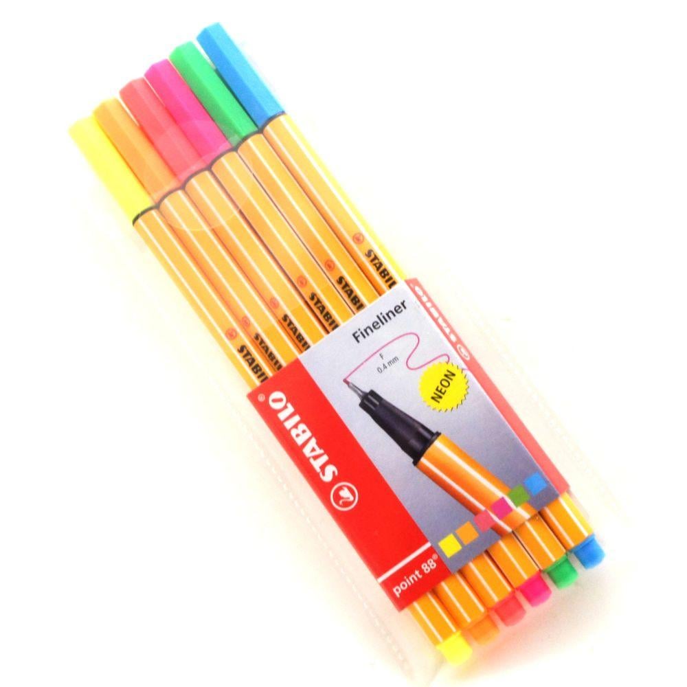 Estojo Caneta Ponta Fina 0.4mm Point 88 Stabilo 6 Cores Neon