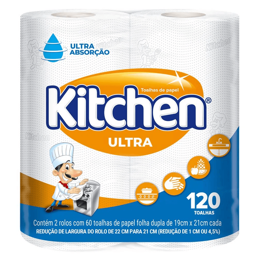 Toalha de Papel em Rolo Folha Dupla 19cm x 20.5cm Kitchen Ultra Branca 60 folhas 2 rolos