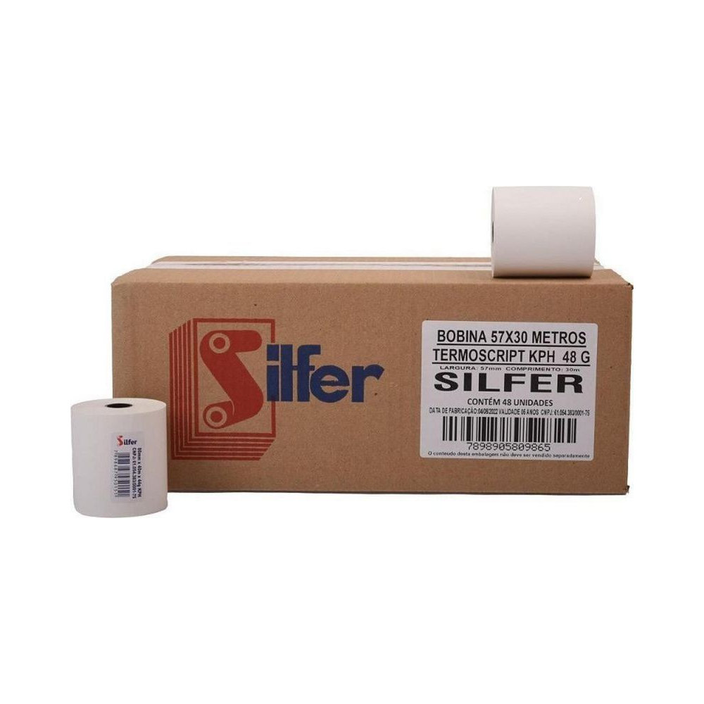 Bobina T&eacute;rmica 57mm x 30m Branca Silfer Caixa com 48 unidades