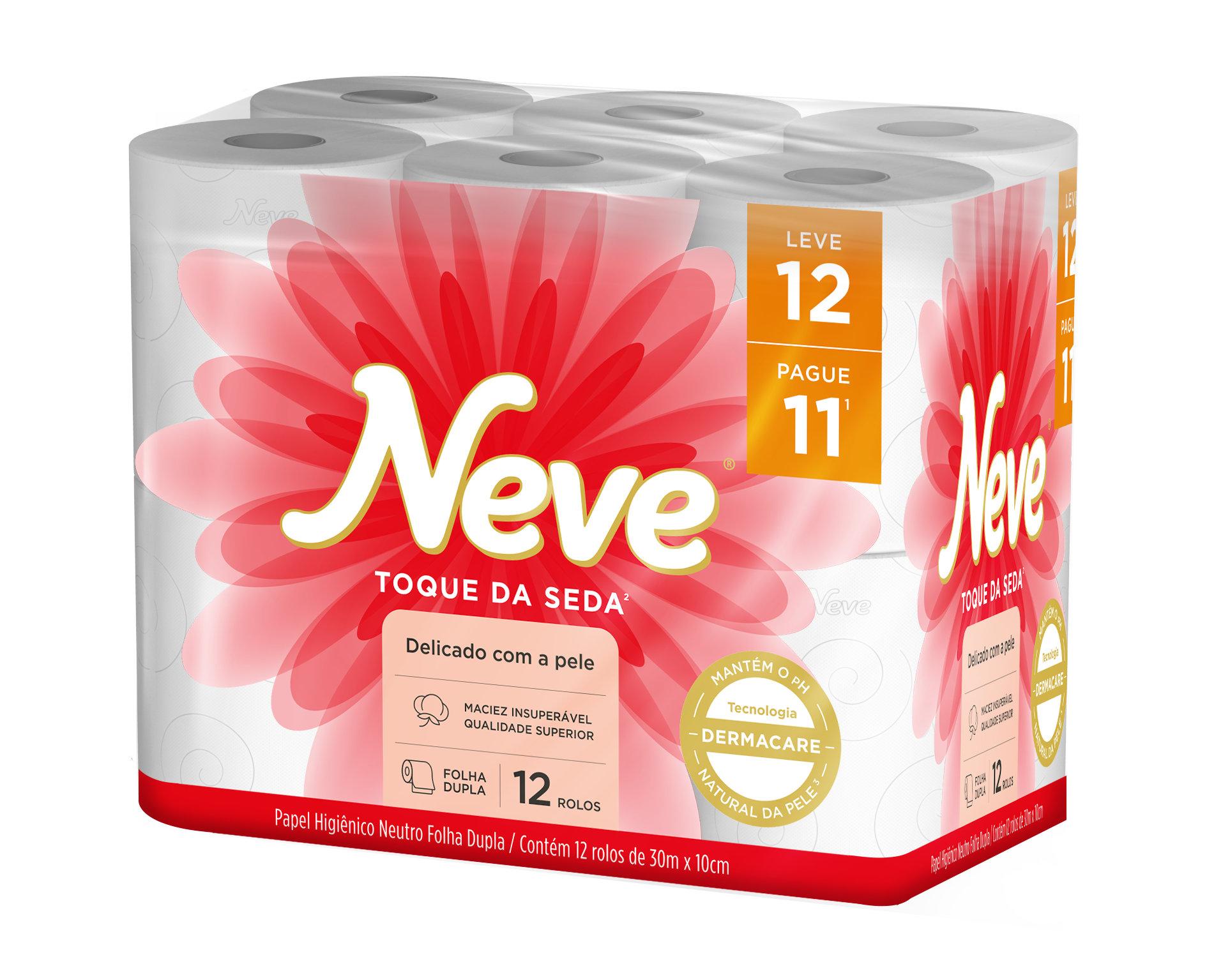 Papel Higi&ecirc;nico Neve Toque de Seda Folha Dupla Leve 12 Pague 11 30M