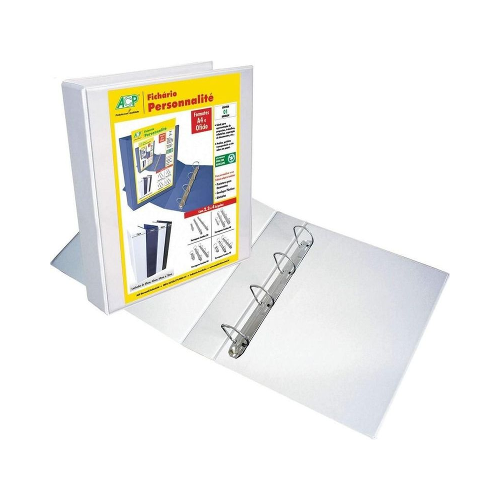 Fich&aacute;rio Pl&aacute;stico A4 4 Argolas ACP Branco