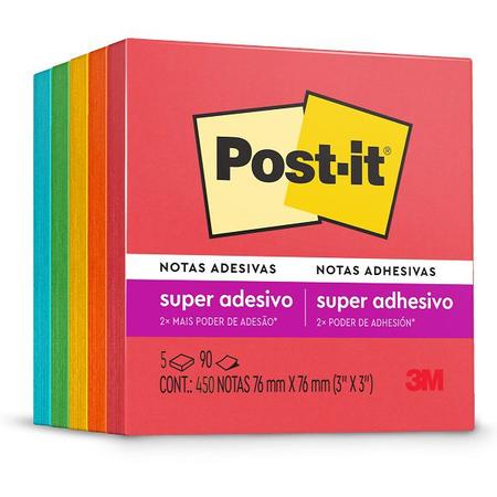 Notas Adesivas Post-it 5 blocos 90 folhas cada 76mm x 76mm cores sortidas