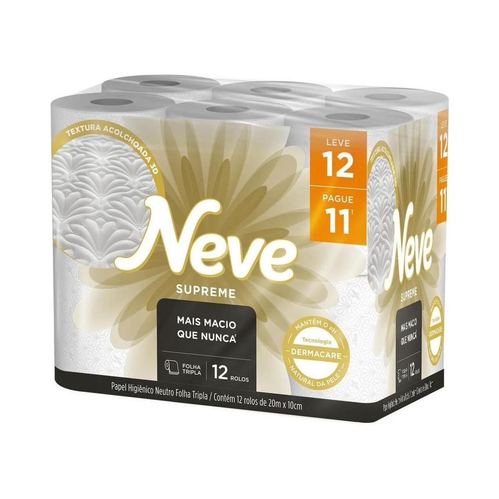 Papel Higi&ecirc;nico Folha Tripla Neutro 10cm x 20m Neve Supreme 12 rolos