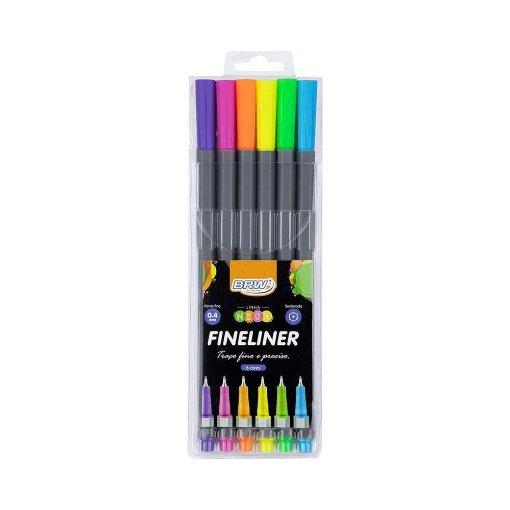 Caneta Fineliner 0.4mm BRW Neon Multicor com 6 Unidades