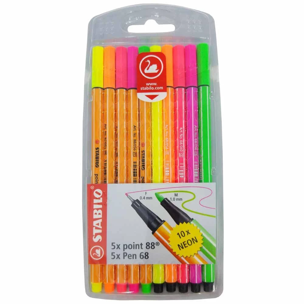 Caneta Ponta Fina Point+ Pen Neon Stabilo Estojo com 10 Cores Sortidas