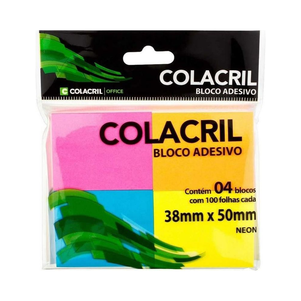 Bloco Adesivo Colacril BAN38050 38mm x 50mm Neon com 4 Blocos 100 Folhas
