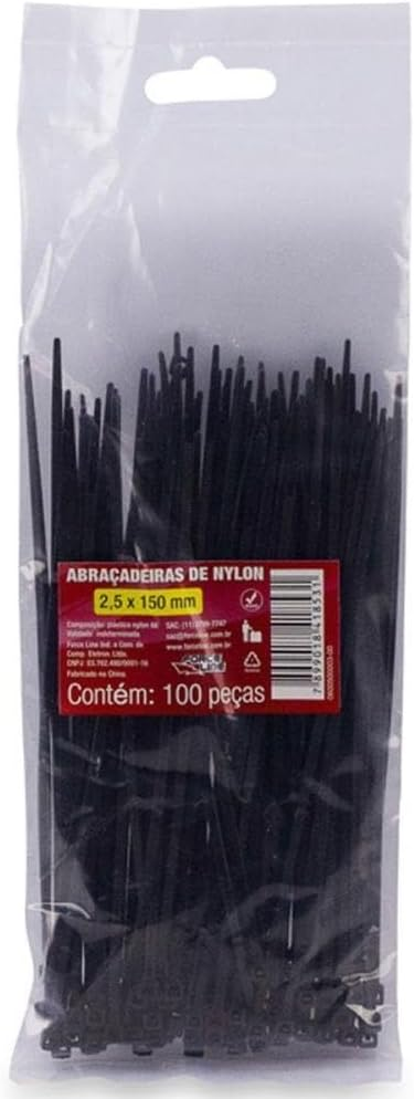 Abra&ccedil;adeira Nylon 2,5mm x 150mm Force Line Preta Pacote com 100 Unidades
