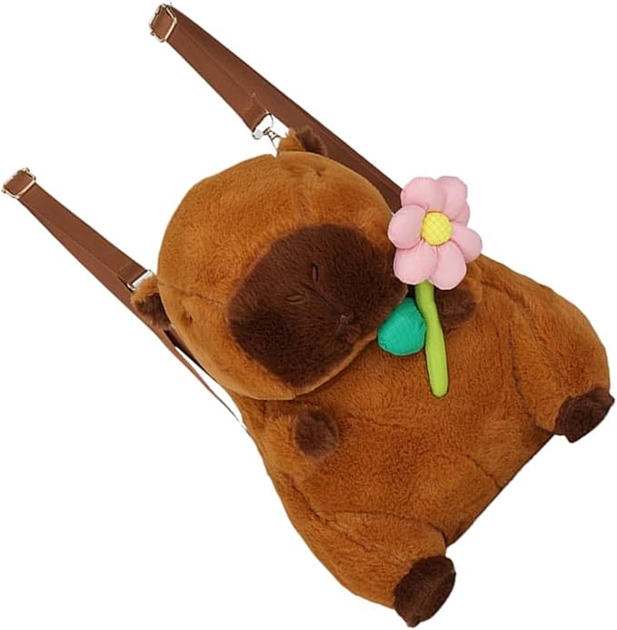 Mochila Capivara Pequena de Pel&uacute;cia com Flor - Infantil e Adolescente