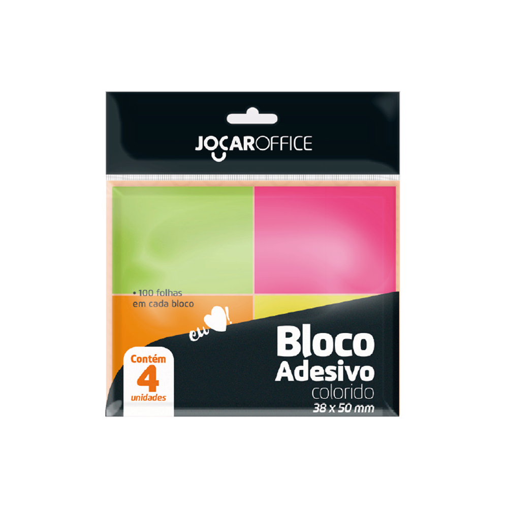 Bloco Adesivo Colorido 38mm x 50mm Jocar Office 4 blocos 100 folhas