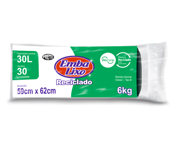 Saco para Lixo Reciclado 30L 59x62 Embalixo Preto 30 unidades