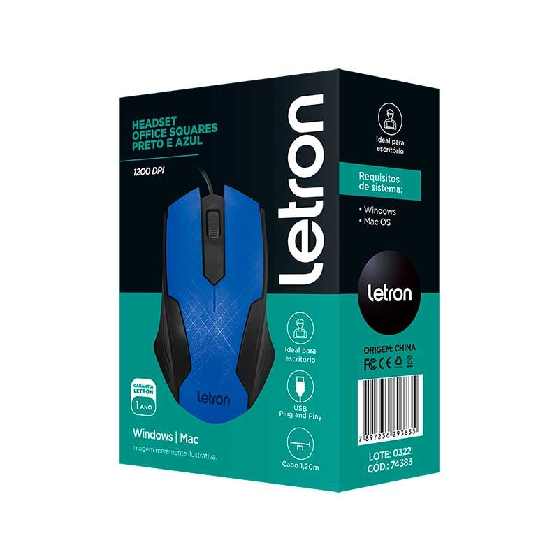 Mouse Office Squares 1200 DPI Preto e Azul 3 Bot&otilde;es Leonora
