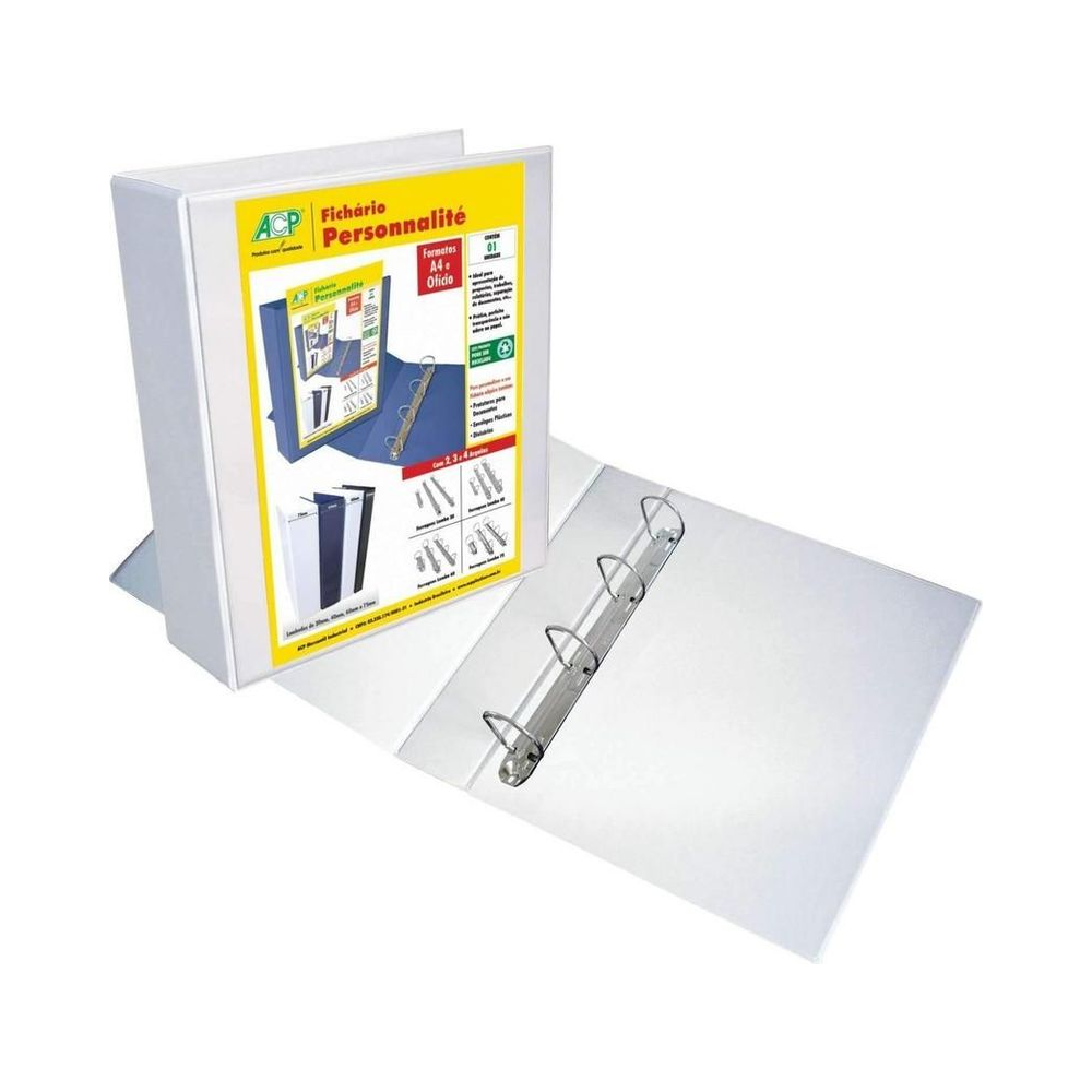 Fich&aacute;rio Personnalit&eacute; 4 argolas ACP 265mm x 315mm x 75mm Branco Unit&aacute;rio
