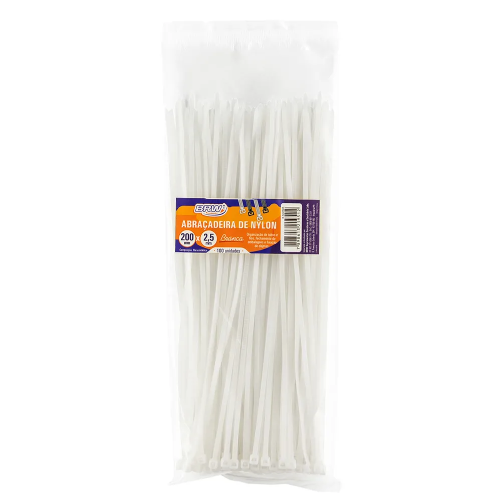 Abra&ccedil;adeira de Nylon 200x2,5mm BRW Branco Pacote com 100 Unidades