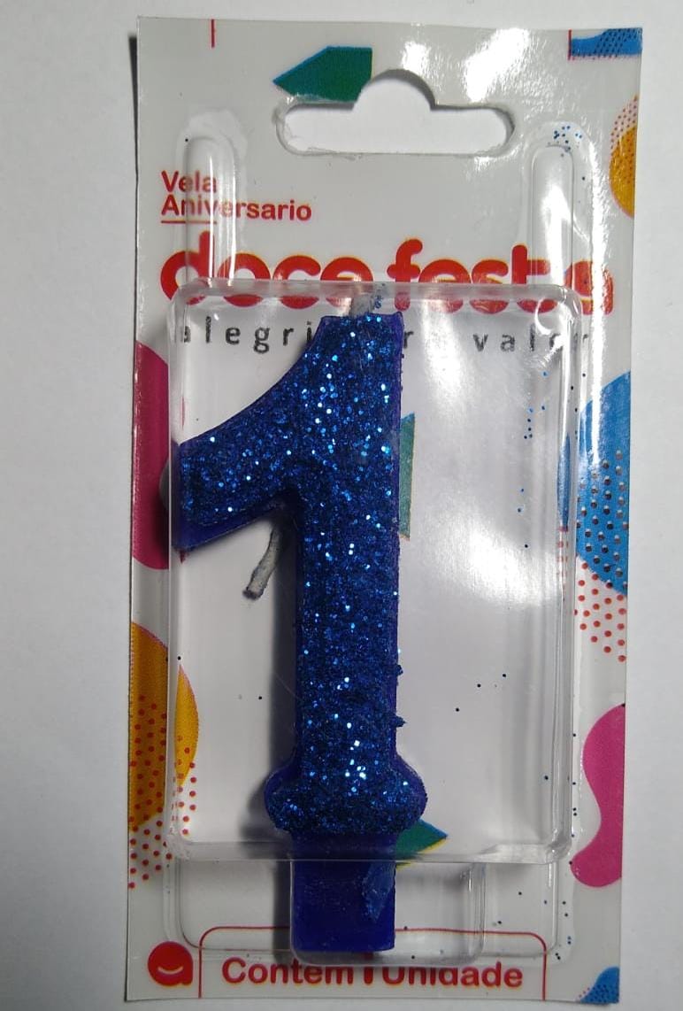 Vela de Anivers&aacute;rio Doce Festa Super Glitter Azul N&uacute;mero 1 8cm Unit&aacute;rio