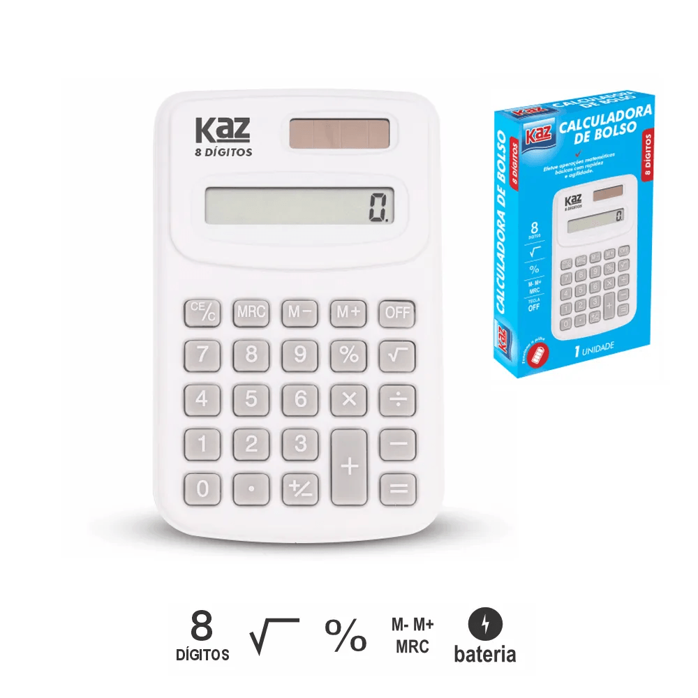Calculadora de Bolso KZ403BR Kaz 8 D&iacute;gitos Branca 100x63x10mm