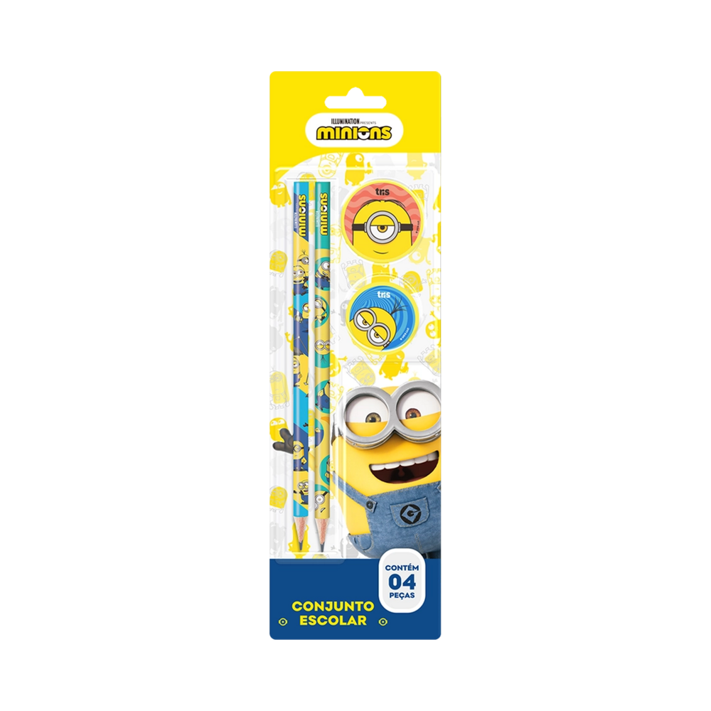 Kit Escolar Minions Summit (2 L&aacute;pis, 1 Apontador e 1 Borracha)