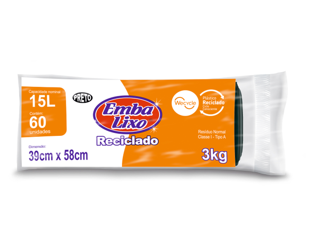 Saco para Lixo Reciclado 15L 39x58 Embalixo Preto 60 unidades