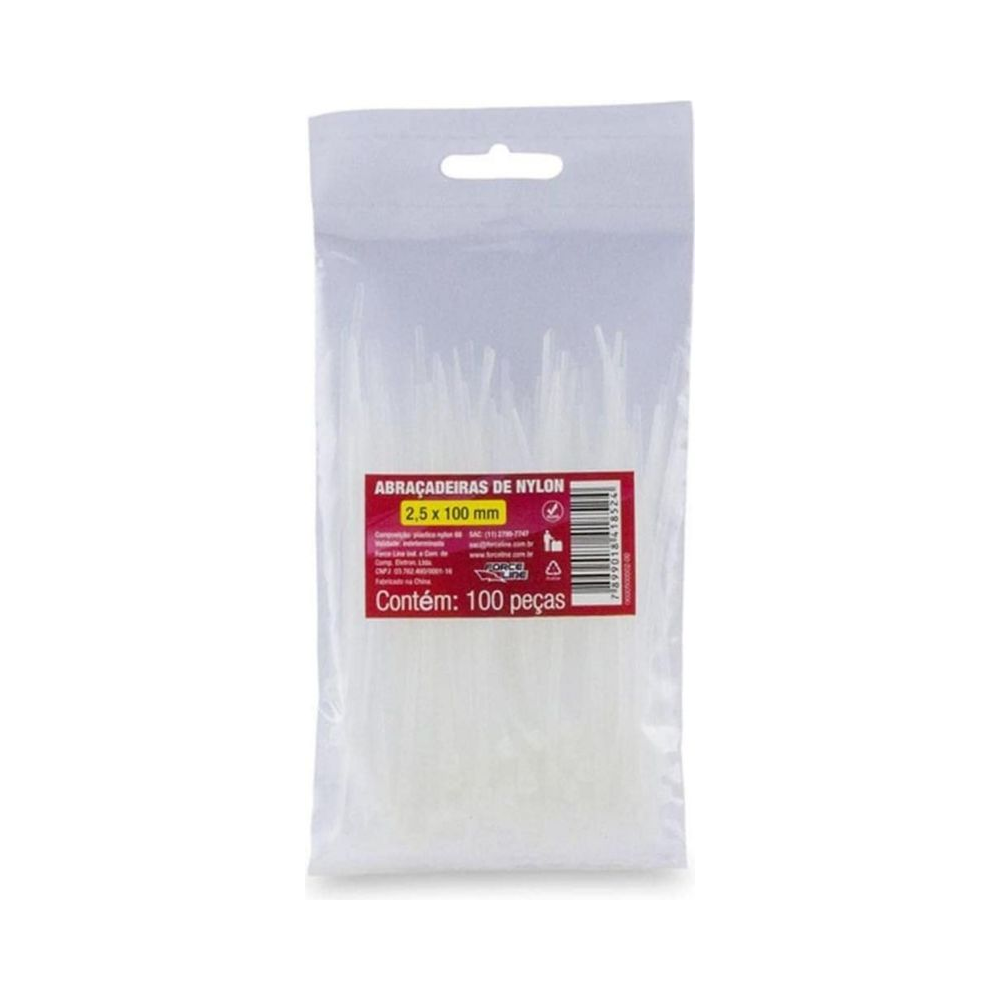 Abra&ccedil;adeira Nylon 2.5mm x 100mm Force Line Branca Pacote 100 Unidades