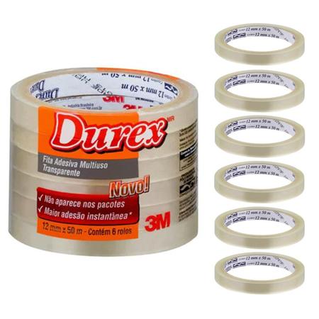 Fita Adesiva Multiuso Transparente Durex 3M 12mm x 50m 6 rolos