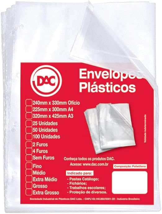 Envelope Pl&aacute;stico Of&iacute;cio 4 furos 0.15mm DAC unit&aacute;rio