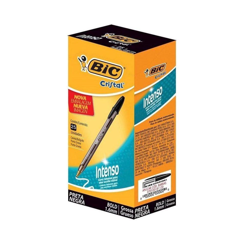 Caneta Esferogr&aacute;fica 1.6mm BIC Cristal Preta Intenso Caixa 25 Unidades
