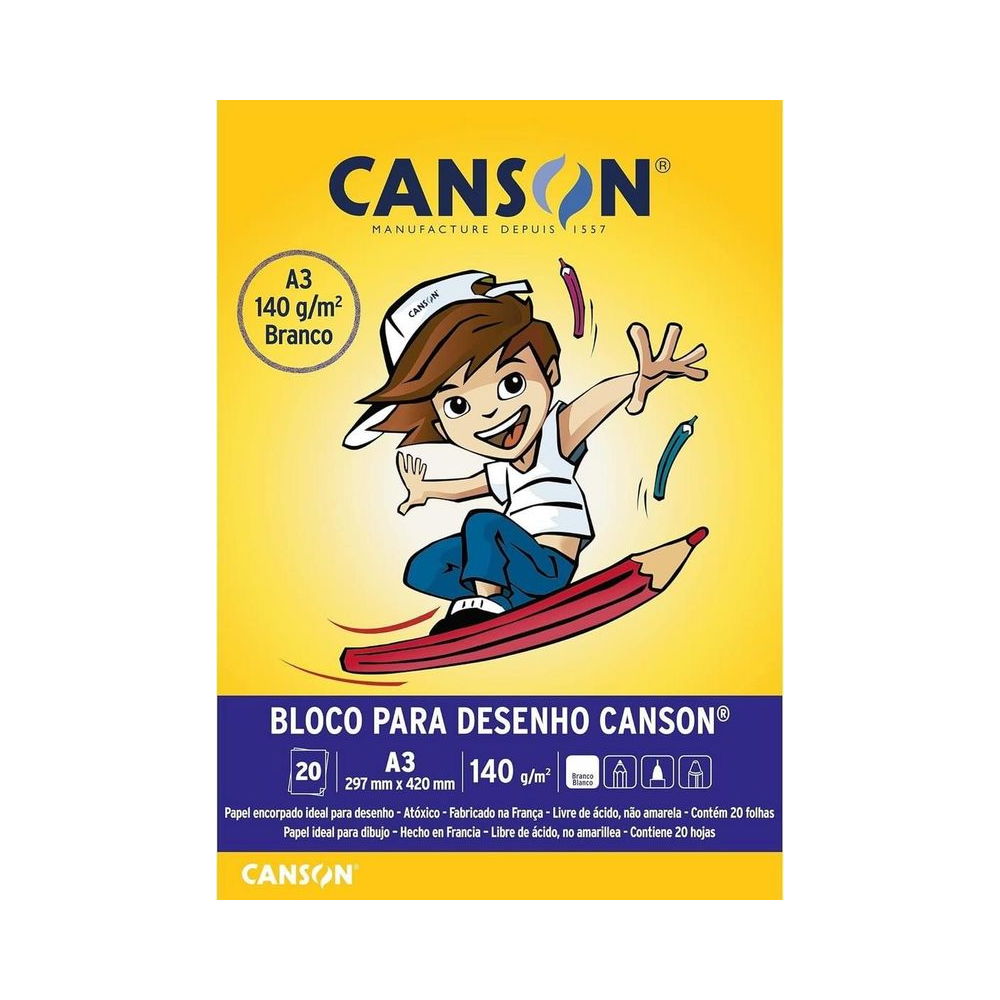 Bloco para Desenho  20 Folhas A3 Canson Celulose Branco 140g/m&sup2;