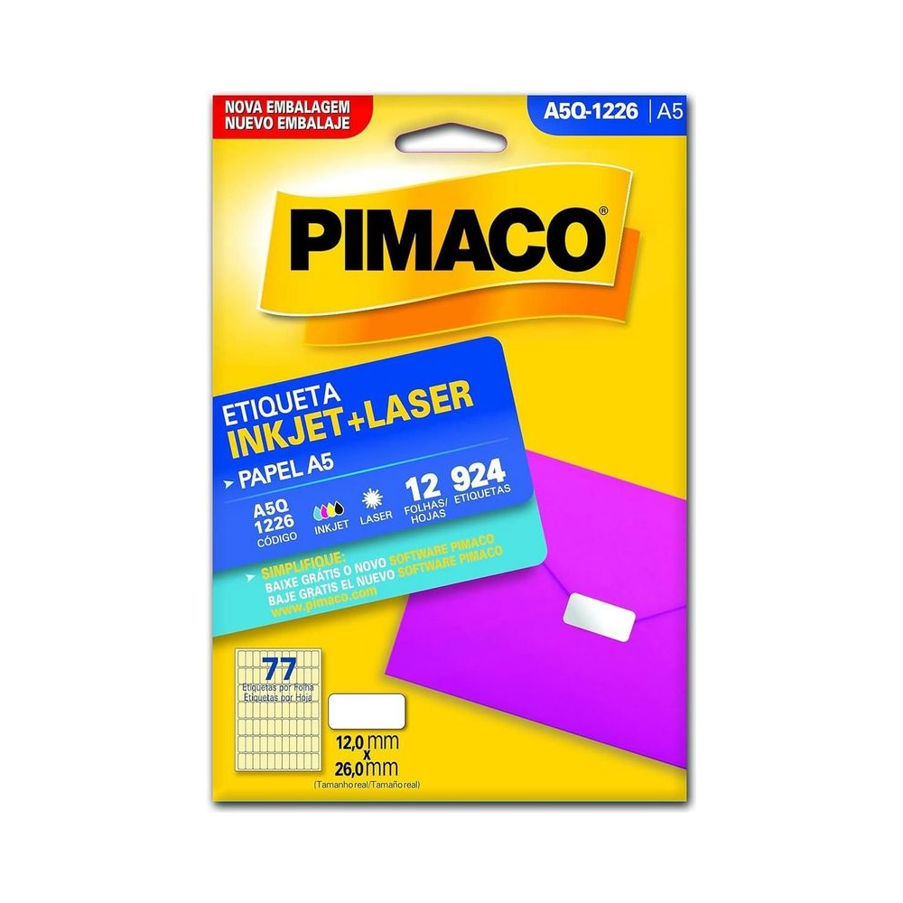 Etiqueta Inkjet Laser A5Q-1226 Pimaco A5 12 folhas 12.0mm x 26.0mm 924 etiquetas