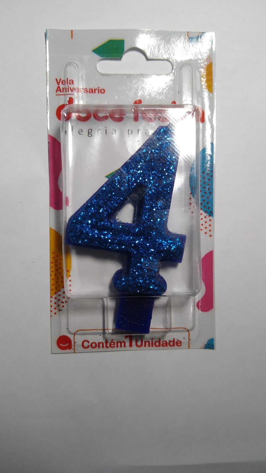 Vela de Anivers&aacute;rio Doce Festa Super Glitter Azul N&uacute;mero 4 8cm Unit&aacute;rio